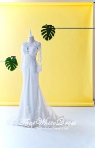 71LLW04 LL Long Sleeves Guipure lace Plain Train Button back Wedding Dresss Malaysia Baju Pengantin KL