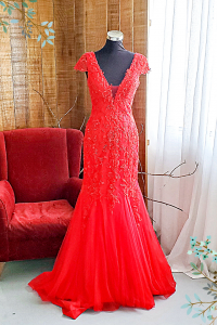 202BYE01 Verona Red Cap Sleeves V neck Trumpet Evening Dress rental Malaysia