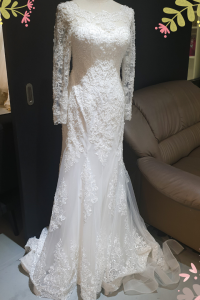 910LLW06 Carla LS boat neck trumpet Alencon Long Sleeves Wedding Dress Rental Kuala Lumpur, French Lace wedding Dress rental Malaysia, 